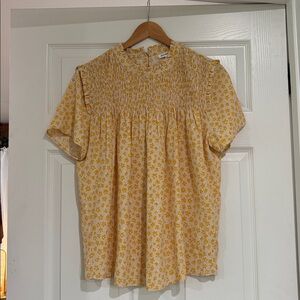 Smocked Flutter Sleeve Blouse - Yellow Floral